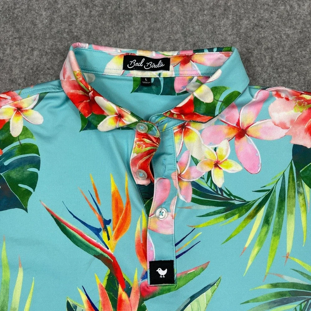 Bad Birdie Golf‎ Shirt Mens Large (Small) Colorful Tropical Floral Performance